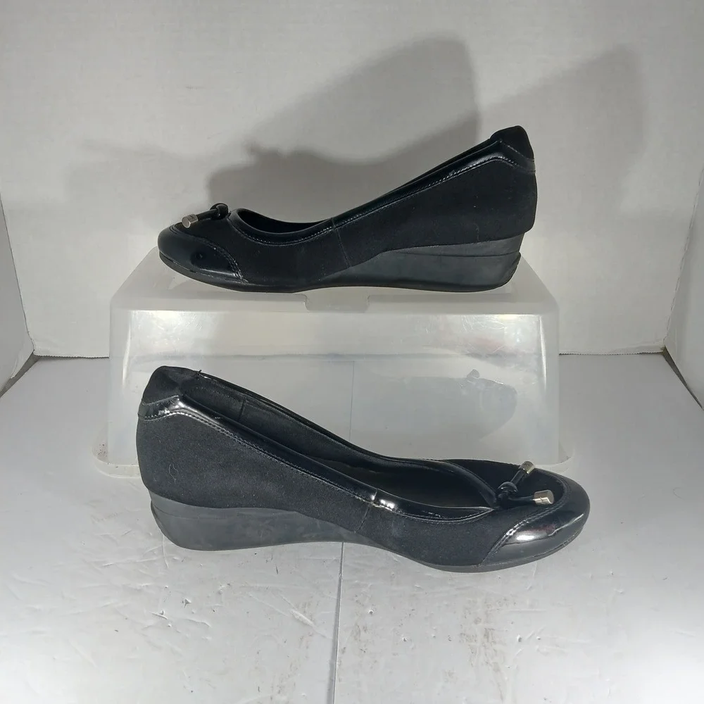 Anne Klein Sport Beyou Wedge Heels 8M Black Patent Trim Bow Office‎ Professional